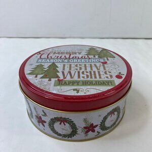 Christmas Holiday Tin Box With Lid White Red Gold Wreaths Pointsettias Trees